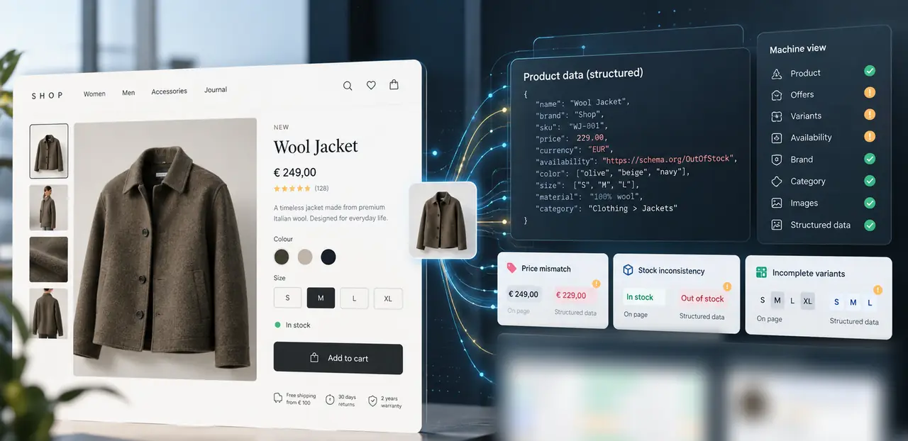 Illustration: links die Produktseite einer Wolljacke mit Preis 249 €, „In stock“ und Größen S bis XL; rechts die strukturierten Produktdaten derselben Jacke mit 229 € und „OutOfStock“ sowie eine Maschinensicht mit den Hinweisen Preisabweichung, Bestandswiderspruch und unvollständige Varianten.
